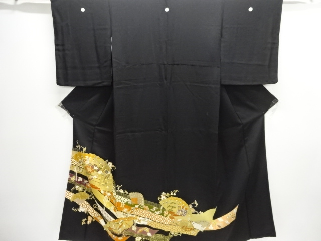 JAPANESE KIMONO / TOMESODE / EMBROIDERY / FLOWER CART & FOLDING FAN 